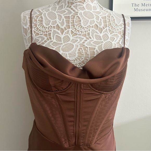 NWOT - HOUSE OF CB Myrna Satin Corset Slip Dress in CHOCOLATE - Picture 7 of 13